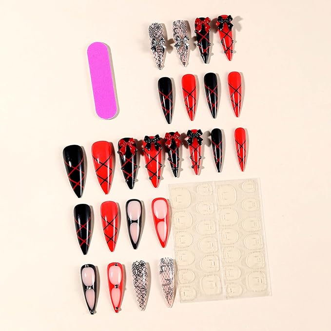 Long Press on Nails Stiletto Fake Nails Red Black French Tip False Nails Glossy Glue on Nail with 3D Bow Design Acrylic Nails Press ons Full Cover Stick on Nail for Women Manicure 24Pcs