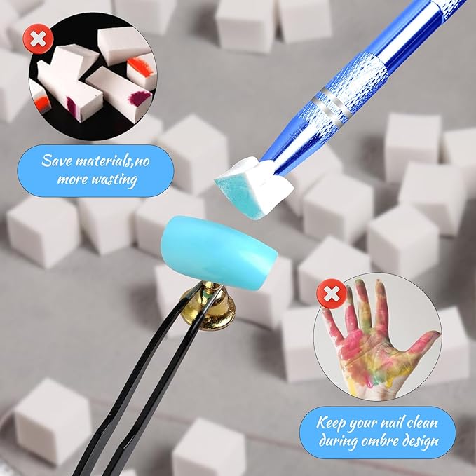 Eiito 100Pcs Soft Nail Sponges for Ombre, Nail Art Sponges With 2Pack Grabbing Pen, Aura Nails, Ombre Nail Brush, Manicure Nail Art Tools (Black+blue)
