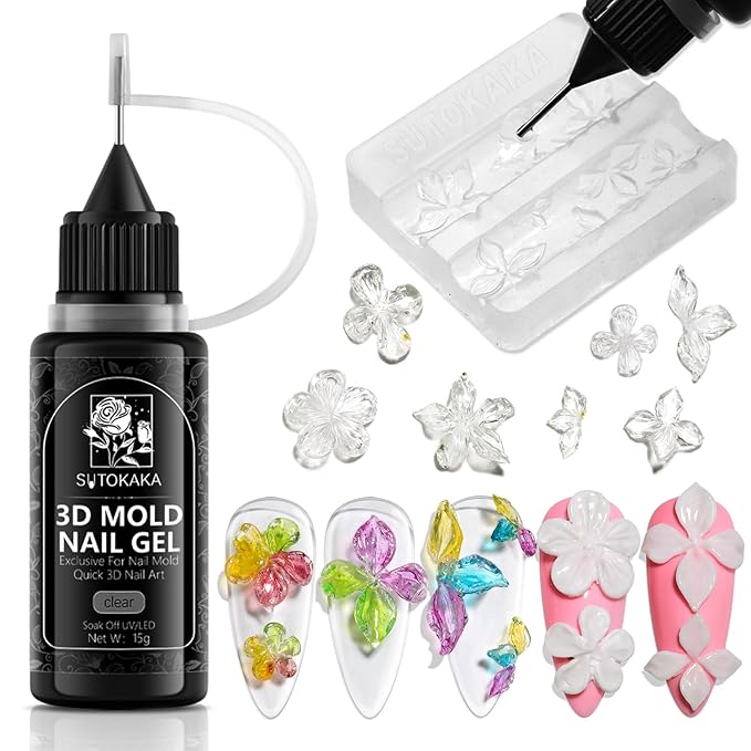 3D Gel Nail Art, 15g Clear Sculpting Gel for Silicone Nail Molds, 1-Minute Quick Molding No Wipe Gels Polish for Carving 3D Charms Resin Craft DIY Home Salon Manicure Supplies