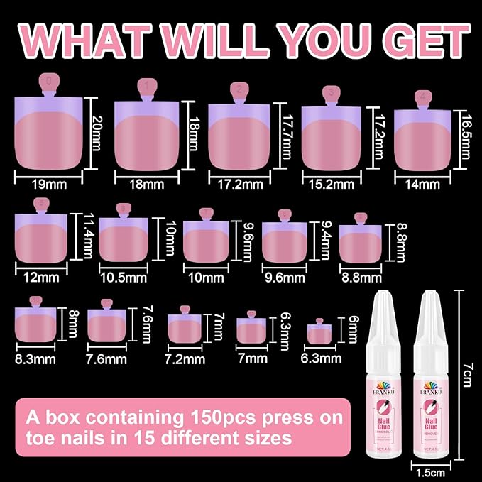 Press on Toenails for Women, EBANKU 150PCS Colorful Fake Toe Nail Sharp Square Pre-Designed Soft Gel False Toenail Extension with Nail Glue& Nail Remover, 15 Sizes
