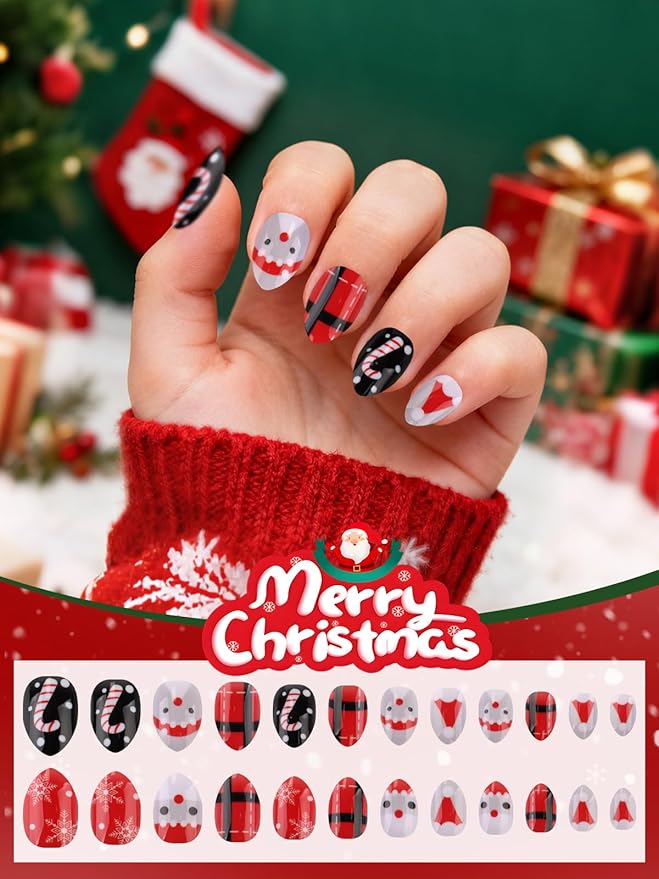 EBANKU Christmas Kid Press on Nails, 72Pcs Xmas Almond Fake Nails Kit Full Cover Christmas Theme Design False Nail with Nail Glue for Girl