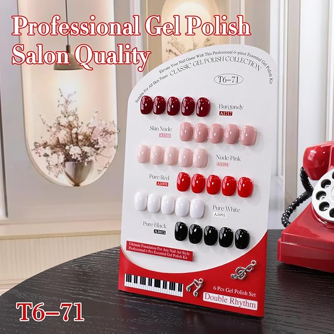 Double Rhythm 6 Pcs 15 ML Gel Polish Set Same Color Same Bottle Soak Off Gel Polish Kit Nail Art Manicure Salon DIY at Home for Women (Black White Red Nude Burgundy Peach-T6-71)