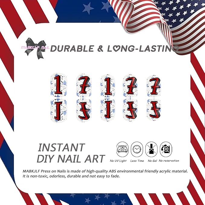 4th of July Press on Nails Short Square Fake Nails Full Cover 1776 False Nails with Blue Star Designs Glossy Glue on Nails Cute Acrylic Nails Manicure Artificial Nails for Women Girls 24Pcs