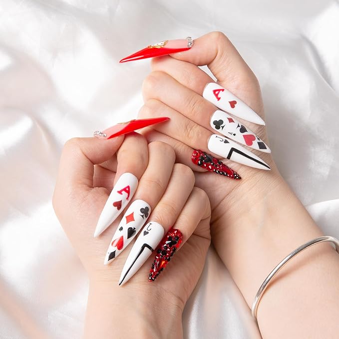 LOVFUL Press on Nails Poker Queen | Handmade with Full Covered Crystals | Reusable Fake Nails | Stiletto Mid Length 1.7 in | H102-S