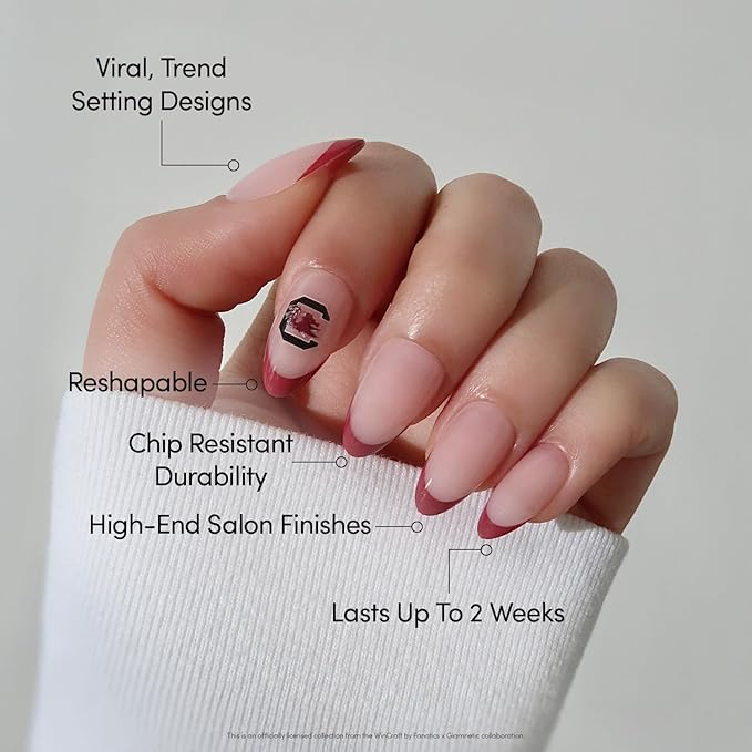Glamnetic x Fanatics Press On Nails - South Carolina Gamecocks | Short Almond Fake Nails, Collegiate Garnet Red French Tips, College Nails, Salon-Quality | 15 Sizes - 30 Nail Kit with Glue