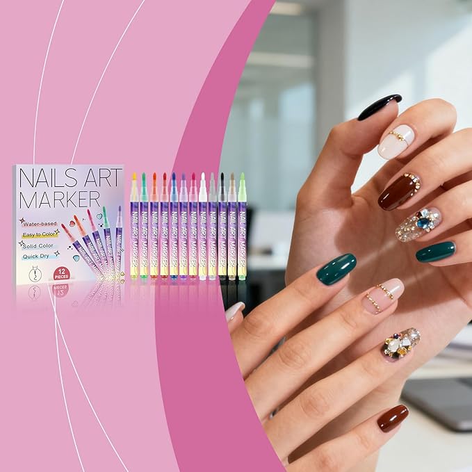 12 Colors Nail Art Pens Set ，1mm Acrylic Nail Art Polish Pen Point Graffiti Dotting Drawing Painting Liner Brush for Art Design DIY Manicure Tools