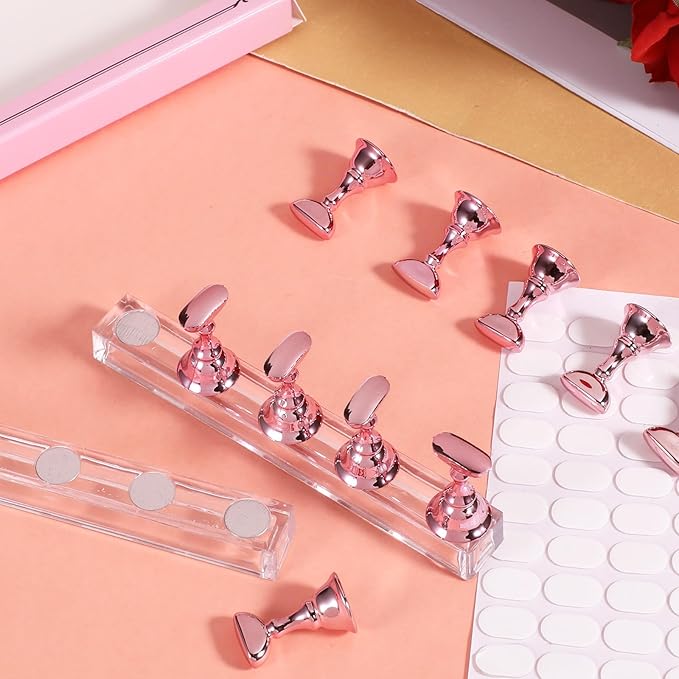 Nail Stands Acrylic Nail Art, 2 Set Magnetic Nail Tips Practice Holder Nail Crystal Holder for Nail Art with Reusable Adhesive Putty Nail Stand for Press On Nails DIY Painting(Rose Gold)