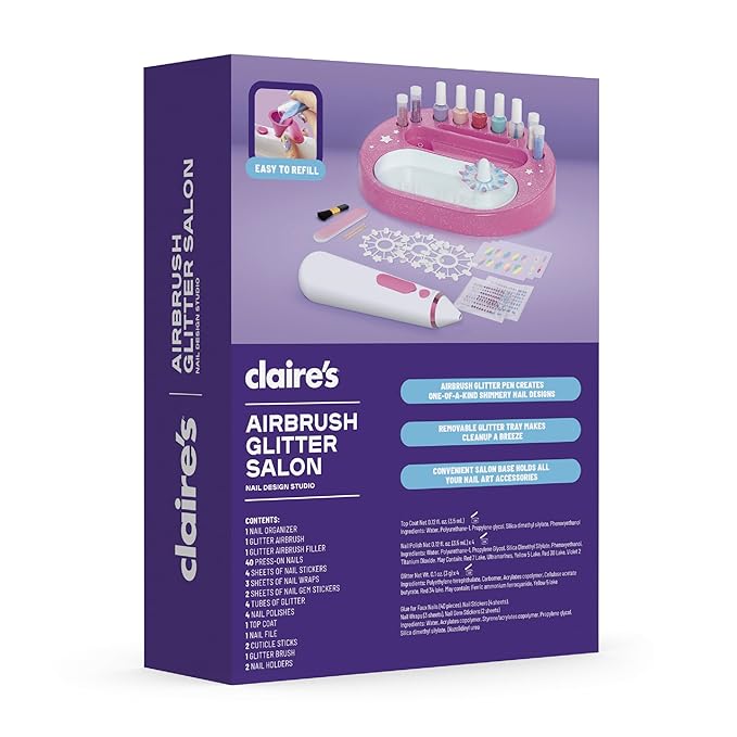 Claire's Kids Nail Art Kit, 67-Piece Airbrush Glitter Salon Nail Charms & Accessories Set, Polish, Press-On Nails, Stickers, Wraps, Girl Toys & Beauty Activity, Manicure Fashion Gift for Girls Age 8+