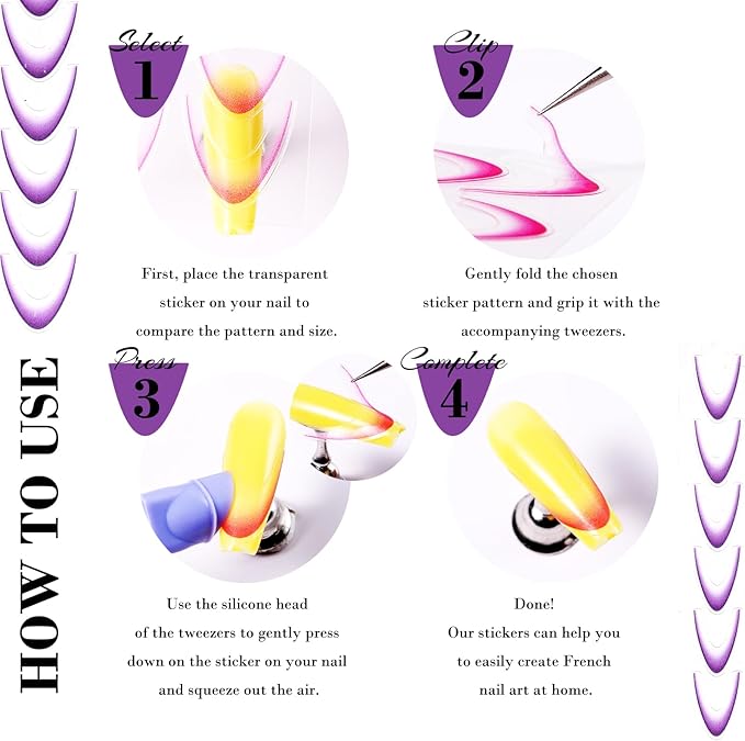 9 Sheets Colorful French Tip Nail Stickers, Gradient French Line Nail Art Stickers with Tweezer, French Tip Nail Decals 3D Self-Adhesive Nail Tips Guides for Women Manicure Decoration