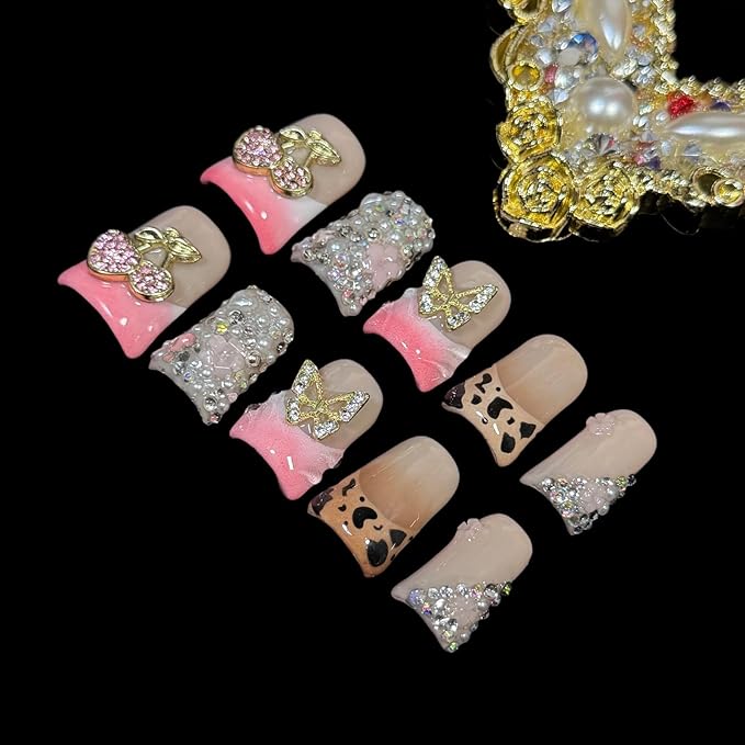 Handmade Press on Nails Short Duck Shape - Leopard Print & Full Diamond Cherry Design, Pink Acrylic Reusable False Nails with Gold Leaves & Butterfly, Unique 3D Nail Art Set (Jewel Orchard, L)