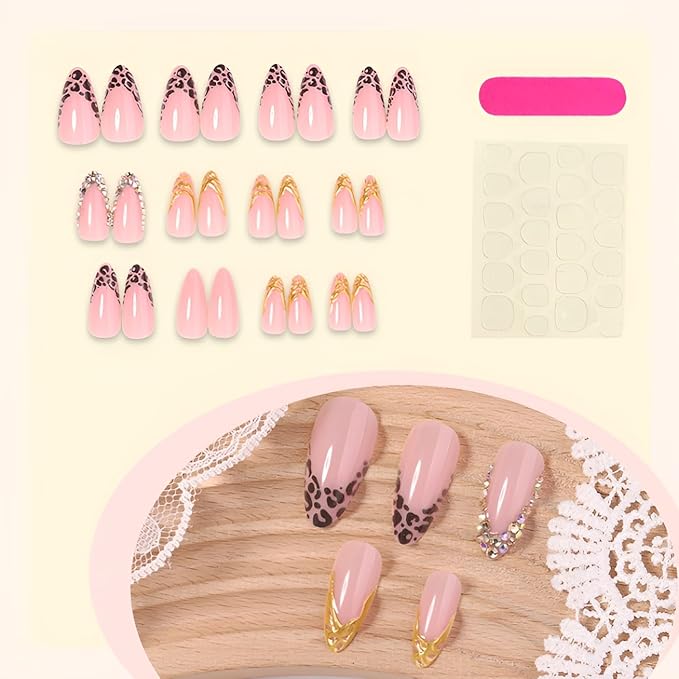 French Tip Press on Nails Medium Almond Fake Nails Leopard Print Nails Press Ons Gold French Tip False Nails Glossy Stick on Nail Rhinestones Glue on Nail for Women Decorations Set 24Pcs