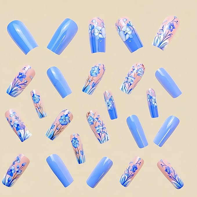 Blue Press on Nails Medium Square Fake Nails Floral False Nail for Women Glossy Acrylic Nails Spring Glue on Nail Blue Flower Stick on Nails Fake Nails Manicure Kit 24Pcs