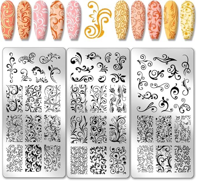 PH PandaHall 3pcs Swirl Pattern Nail Art Templates, French Nail Stamping Plate 52 Patterns Plant Floral Nail Art Stencils Stainless Steel Stamping Plates for Nail Design Print Manicure Salon Spring