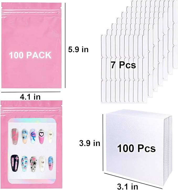 100 PCS Press On Nails Packaging Bag Holographic Nail Storage Bag and 100PCS Shiny White Pearl Card with 7 Sheets Pre-cut Nail Tape (Pink)