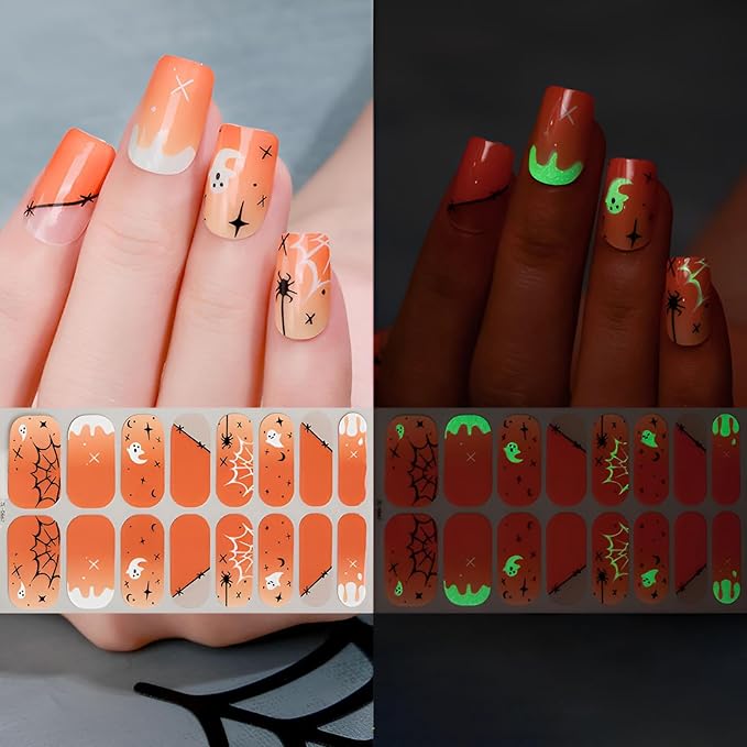 6 Sheets Halloween Nail Wraps Full Stickers Nail Polish Strips, DIY Self-Adhesive Nail Art Glow in The Darkness Decals Pumpkin Bat Ghost Spider with 1 Piece Nail Files for Party Decor (96 Pieces)