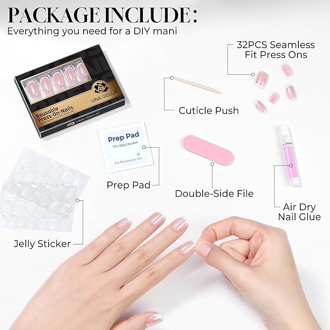 UNA GELLA 32Pcs Soft Gel Press on Nails - 16 Sizes Silver Mirror French Tip Short Square Glue on Nails, Reusable Metallic Chrome False Nails, Full Cover Acrylic Nail Kit for Women DIY Home Manicure