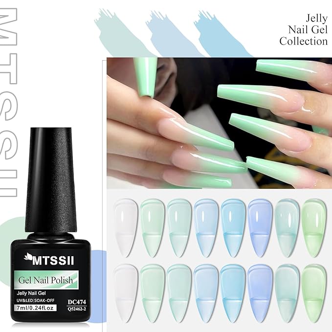 MTSSII Jelly Green Blue Gel Nail Polish Set, 8 Transparent Sage Green Baby Blue Gel Polish Matcha Avocado Soak Off Nail Art Design Home Manicure Kit Gifts