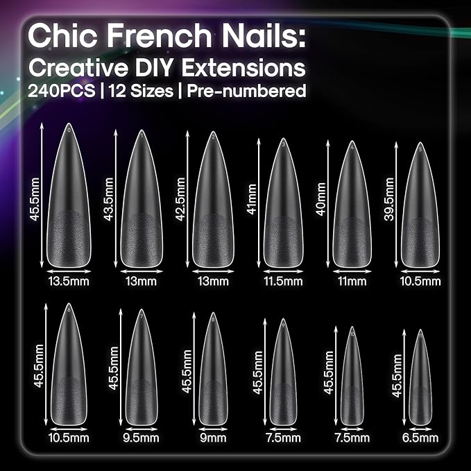 No C Curve XXL Stiletto Nail Tips, Full Matte Clear Full Cover, Stiletto Flat Tips for Acrylic Nails Art Design, Salons, Home DIY Nail Extension(12 Sizes 240PCS)