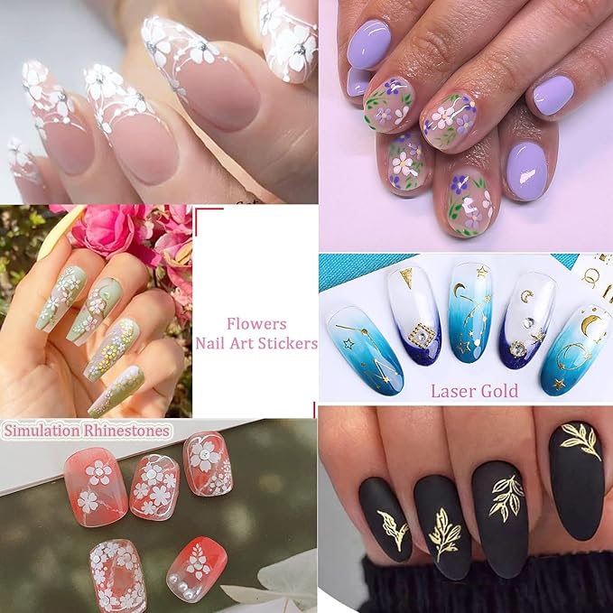 Zoance 102 Sheets Nail Art Stickers & Storage Book,5200 Pieces 3D Self-Adhesive White Floral Nail Stickers with Rhinestones Designs,Multicolor Laser Gold Nail Decals for Women DIY Manicure Decorations