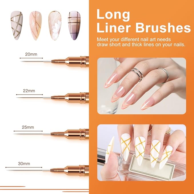 Nail Art Brushes, Double Ended 5PCS Rose Gold Striping Brush Nail Art Liner Brushes Nail Design Brushes for Long Lines, Tiny Details, Nail Brushes for Nail Art, Sizes 5/7/9/10/11/15/20/22/25/30