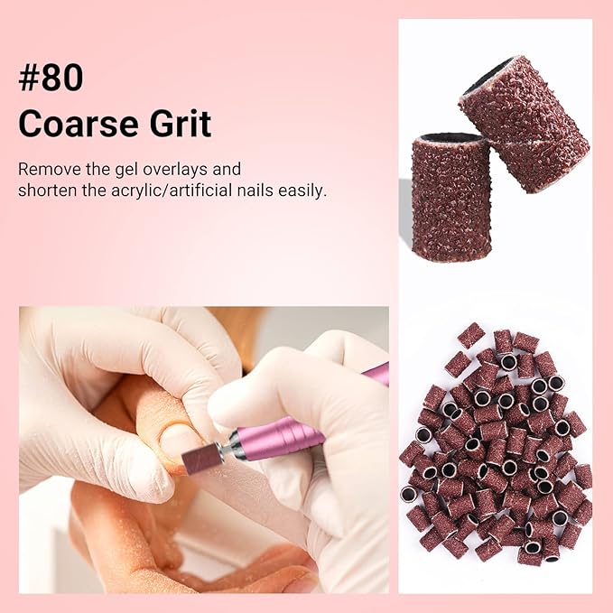 MelodySusie 100 Pcs Nail Drill Bits Sanding Bands for Nail Drill 80 Coarse Grit Nail File Sanding Bands for Acrylic Nails Gel Manicures and Pedicure