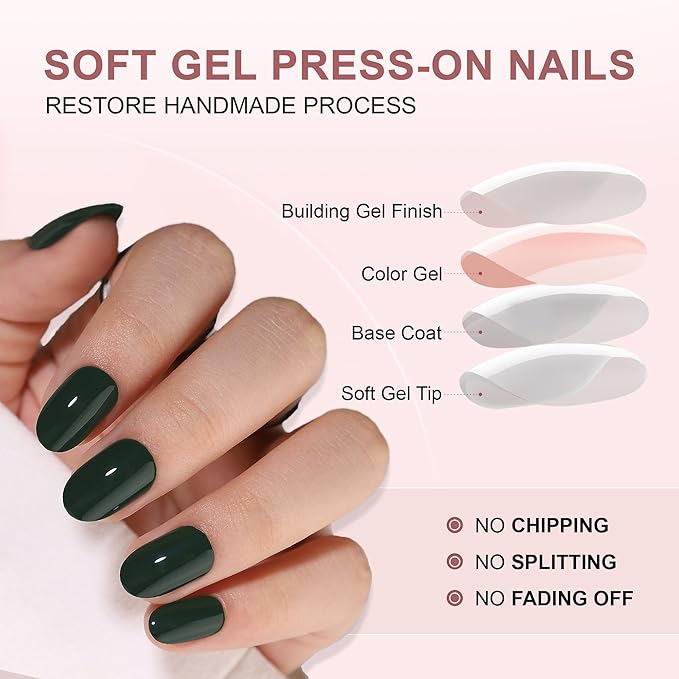 Green Press On Nails Short - RTKHFZE Soft Gel Press on Nails Almond Short Oval Fake Nails with Nails Glue,Fit Perfecty,Reusable Stick on Nails in 16 Sizes - 32Pcs Gel False Nails Kit