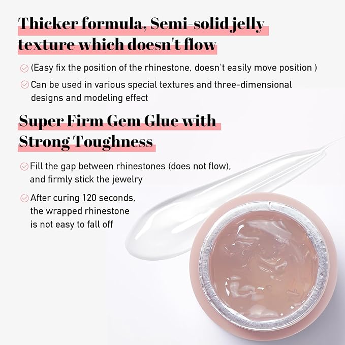 VARNAIL Elastic Gem Gel, No Wipe Stick Gel, Super Sticking Nail Gel Long Lasting Gel, Universal Gem Gel for Rhinestones and Nail Accessories (No Wipe -Jelly 15g)