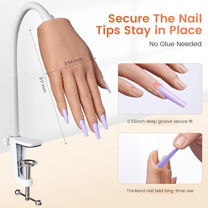 Practice Hand for Acrylic Nails: Silicone Nail Hand Practice with Gold Rings - Flexible Fake Hand Mannequin Nail Hand Kit for Beginners