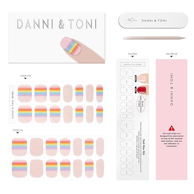 DANNI & TONI Semi Cured Gel Nail Strips Rainbow Gradient Glitter Spring Gel Nail Wraps 28 Stickers | Iris Veil