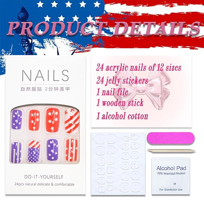 4th of July Press-On Nails Medium Square 24 Pcs Acrylic False Nails with Stars, Red, White Stripes Designs, Glossy Finish