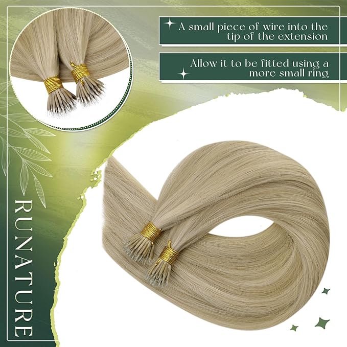 RUNATURE Nano Bead Hair Extensions Human Hair Ash Blonde Highlight Light Blonde, Cold Fusion, Not Easy to Fall Off, Remy Hair Extensions for Women, 12 Inch 40G 50 Strands #16P22