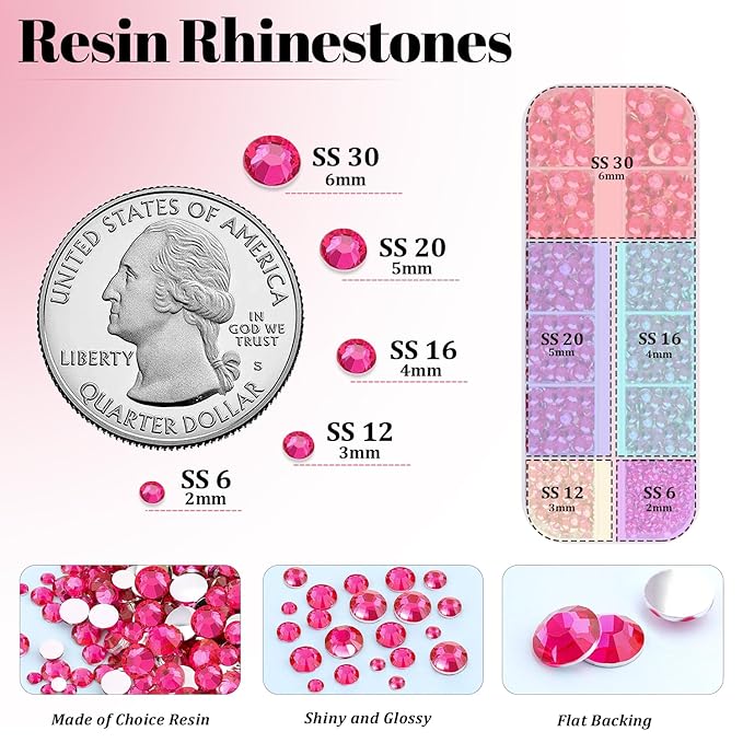 Resin Rhinestones for Crafting with 3Pcs 10ml B7000 Jewelry Glue, 1 Box Hot Pink Flatback Gems Crystals Diamond for Bedazzling Crafts DIY Nail Art Makeup, Gems for Clothing Tumblers Shoes