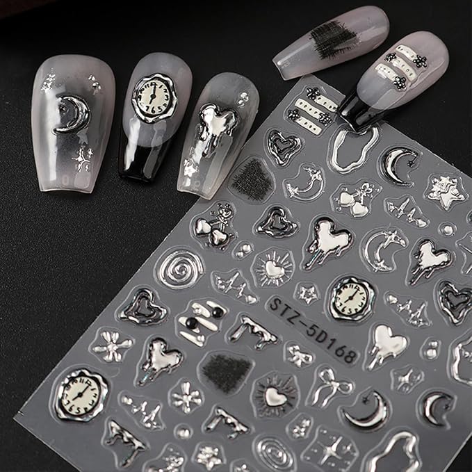 Silver Nail Art Stickers 5D Embossed Gold Heart Nail Stickers with Metal Clock Bow Star Self Adhesive Y2k Goth Design Valentines Nails Decals Nail Art Supplies for Women Acrylic Manicure Decorations