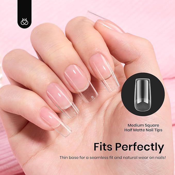 Beetles Gel Nail Tips Etch-X, Square Medium, 288Pcs 12 Sizes, Pre-Etched Half Matte Soft Acrylic False Nail Tips Full Cover Easy DIY Fake Press On Nail Extension Salon Gift for Women