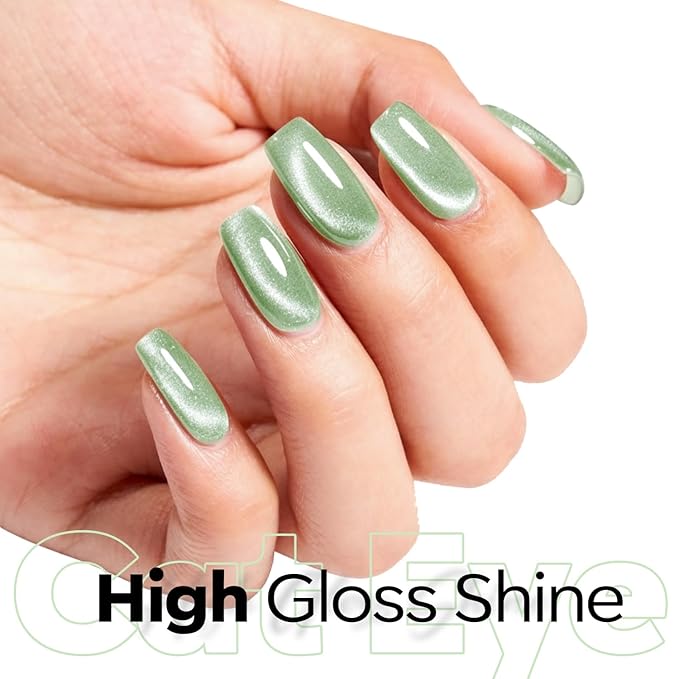 modelones Green Cat Eye Gel Nail Polish Glassy Magnetic Glitter Holographic Mint Green Grape Reflective Translucent Gel Polish Jelly Translucent UV Gel Manicure 15 ML