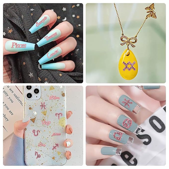 24 Pieces Pink Alloy Zodiac Nail Charms Zodiac Sign Charms for Nails Twelve Constellation Words Charms Virgo Leo Aries Taurus Gemini Capricorn Zodiac Nail Charms for Women Nail Art Decoration