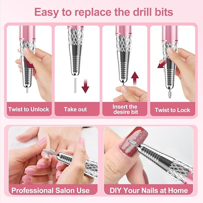 Electric Nail Drill Machine Professional, Cordless Rechargeable Nail Drill Kit Low Heat Quiet E-File for Acrylic Gel Polishing Removing with Bits Kit for Manicure Salon Home (Pink)