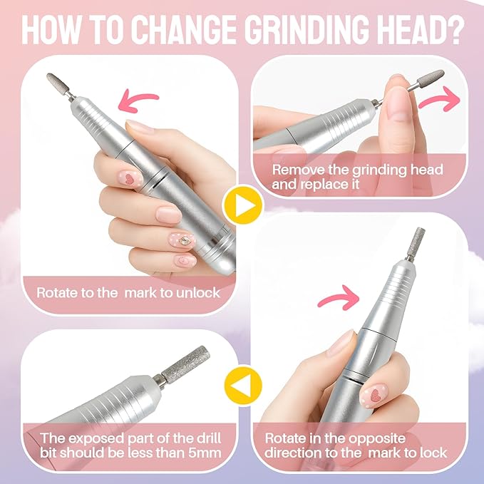Electric Nail Drill Portable Nail Drill Professional 45000 RPM 6 Salon Quality Drill bits 6 Sanding Bands Portable & Low Noise for Acrylic Nails Gel Polishing Removing Bits Kit for Home Use