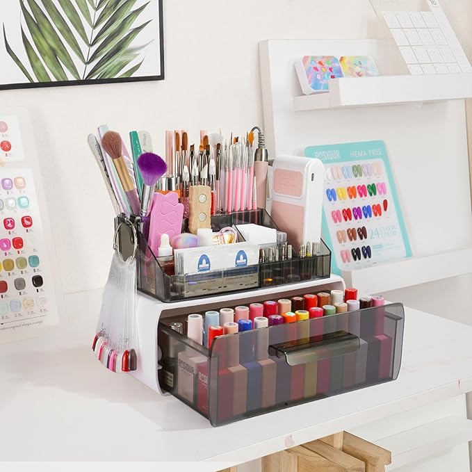 Nail Tech Desk Organizer Case: 2 Layers Nail Tech Organizers with Nail Polish Storage Drawer- 53 Holes Nail Drill Bits & Nail Brushes Pens Holder for Manicure Nail Supplies (Grey)