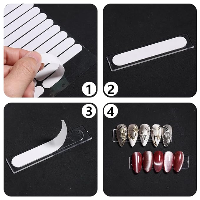 10 Sheets Double Sided Nail Tape with 48PCS Clear Nail Design Tips Display Stand Holder, Removable Adhesive Tape for Press on Nails Packaging Nail Art Practice Holder Colors Designs Showcase