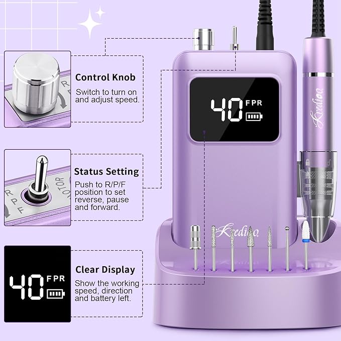 Kredioo Professional Nail Drill Brushless 40,000RPM Rechargeable 2-in-1 Portable Electric Nail File Ultra Silent Salon Must Haves Nail Tool Kit Removing Acylic Gels-Purple