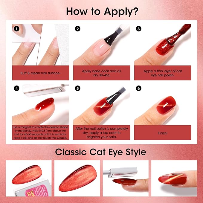 GELLEN Quick Dry Cat Eye Nail Polish Kit, Red Magnetic Fingernail Polish Series, Fast Drying Glitter Nail Lacquer Non Gel with Magnet Tool, DIY Salon Home
