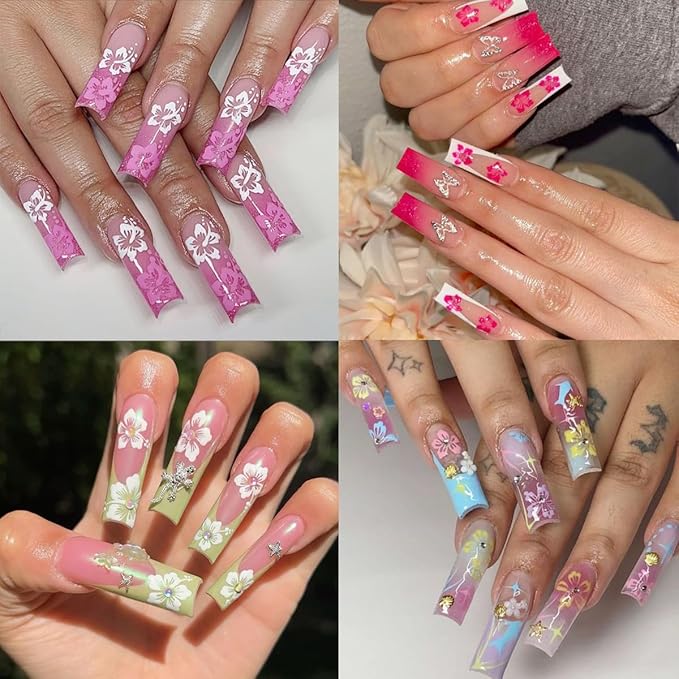 6Sheets Colorful Hibiscus Flower Nail Stickers Self Adhesive Pink White Floral Nail Decals Gold Silver Star Cherry Blossom Petal Nail Design Nail Art Stickers 3D Nail Supplies Pegatinas Uñas for Women