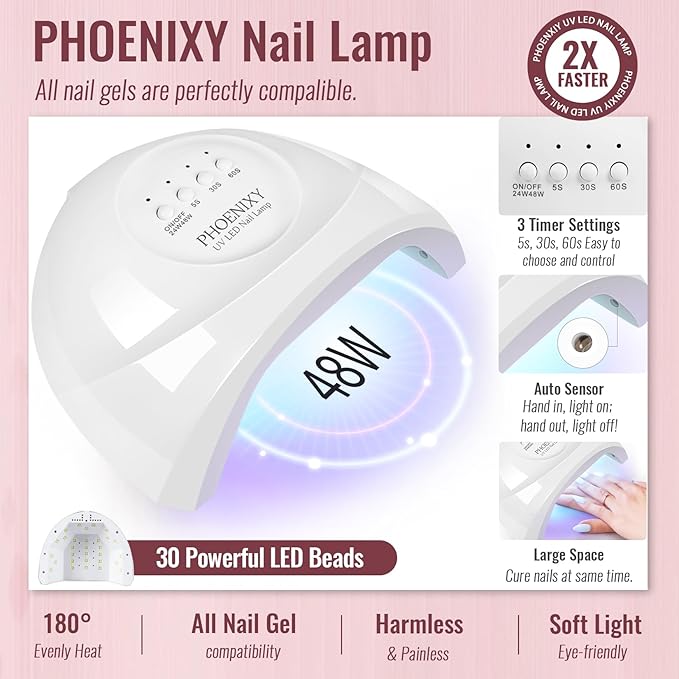 phoenixy Gel Nail Polish Kit with U V Light 64 Pcs Gel Polish Nail Set 45 Colors Nail Polish Set with Base and 4 Effects Top Coat Manicure Tools Complete Gel Nail Kit Gift for Women