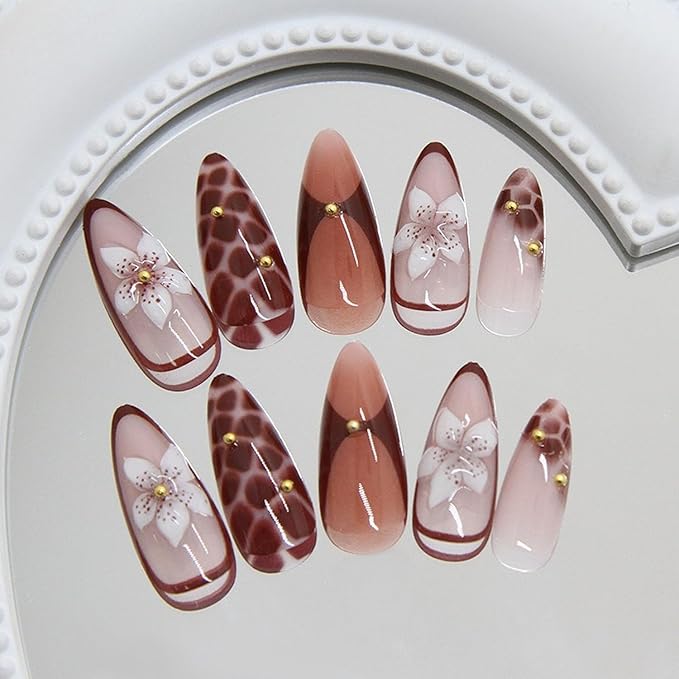 Handmade Medium Almond Press on Nails MABKJLF Red French Tip Fake Nails False Nails with Flower Cherry Leopard Print Gold Bow Designs Glossy Glue on Nails Stick on Nails for Women Girls 24Pcs