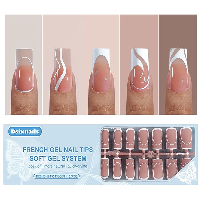 French Tip Press on Nails, 150pcs Square Long Swirl French Gel Nail Tips, Pre-lasting Soak Off Acrylic Fake Nails, No Need to File False Nail Tips Extension for Women Nails, 15Sizes