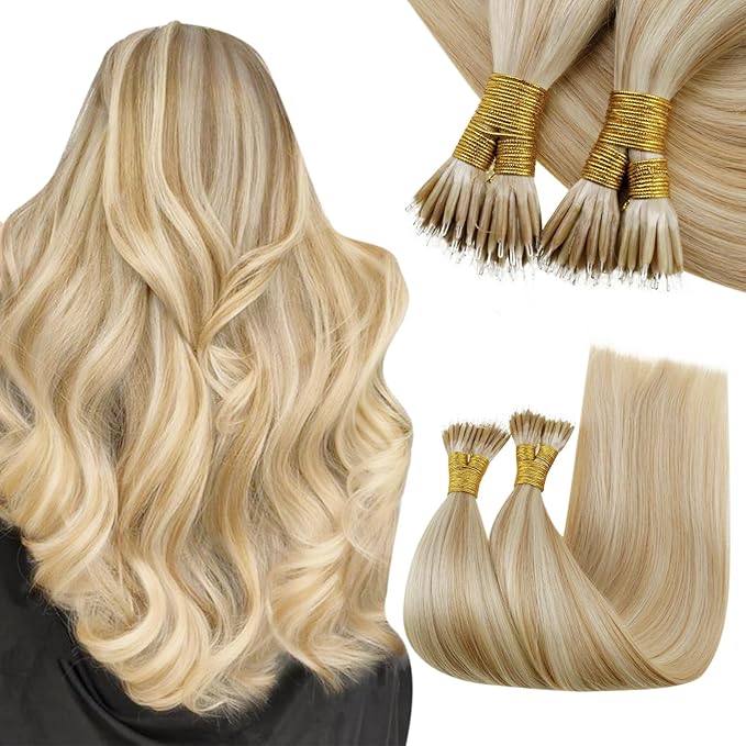 RUNATURE Nano Ring Hair Extensions Real Human Hair Blonde Highlight Ash Blonde Nano Beads Hair Extensions Human Hair 22 Inch 50 Gram