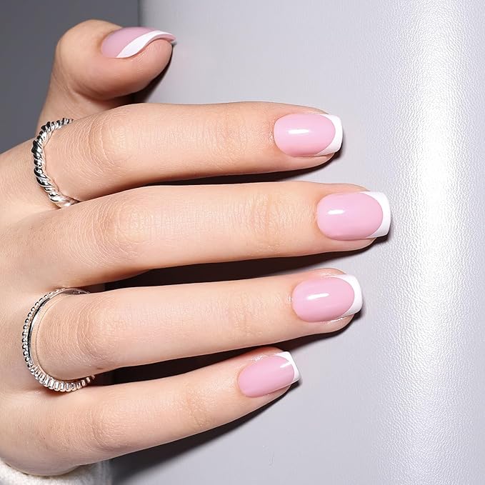 French Tip Press On Nails - Short Square Press on Nails Pink White Tips Nails Press Ons for Women Fake Nails with Glue, Glossy Reusable Glue on Nail in 15 Sizes - 30pcs, Dusty Lavender
