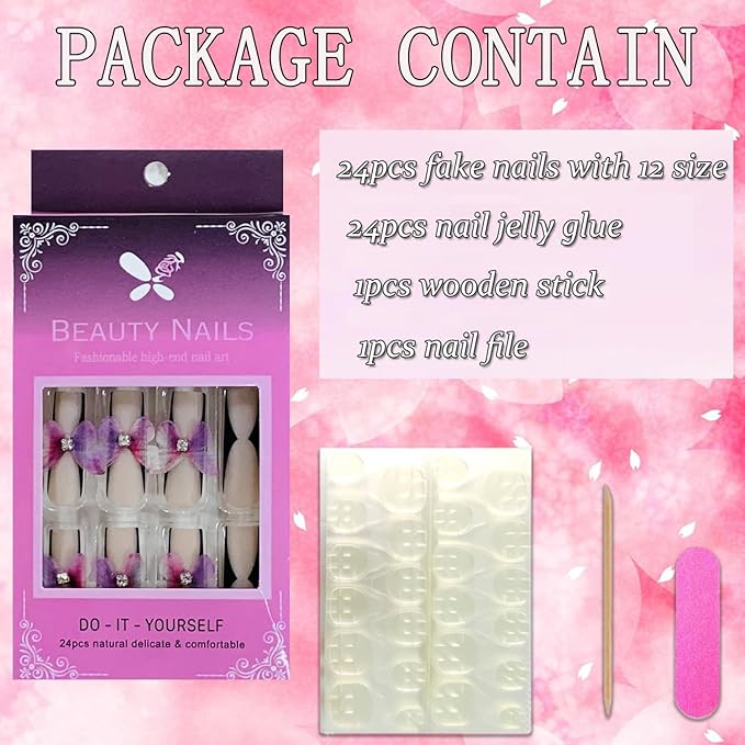 Press on Nails Coffin Long Length Acrylic Glossy Full Cover Square Shaped French False Nails with Designs Artificial Extra Long Fake Nails with Charms Glue ons Fingernails for Women(XXS222)