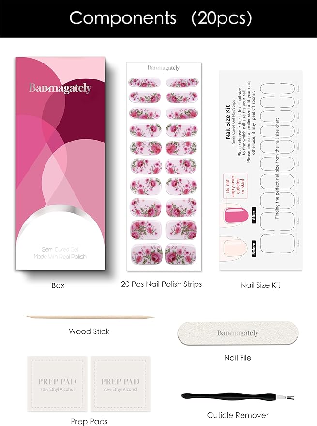 Semi Cured Gel Nail Strips, 20Pcs Long Lasting Salon Quality Wraps, Easy Apply & Remove Gel Nail Stickers with UV Light (Crystal Rose Manor Pink)